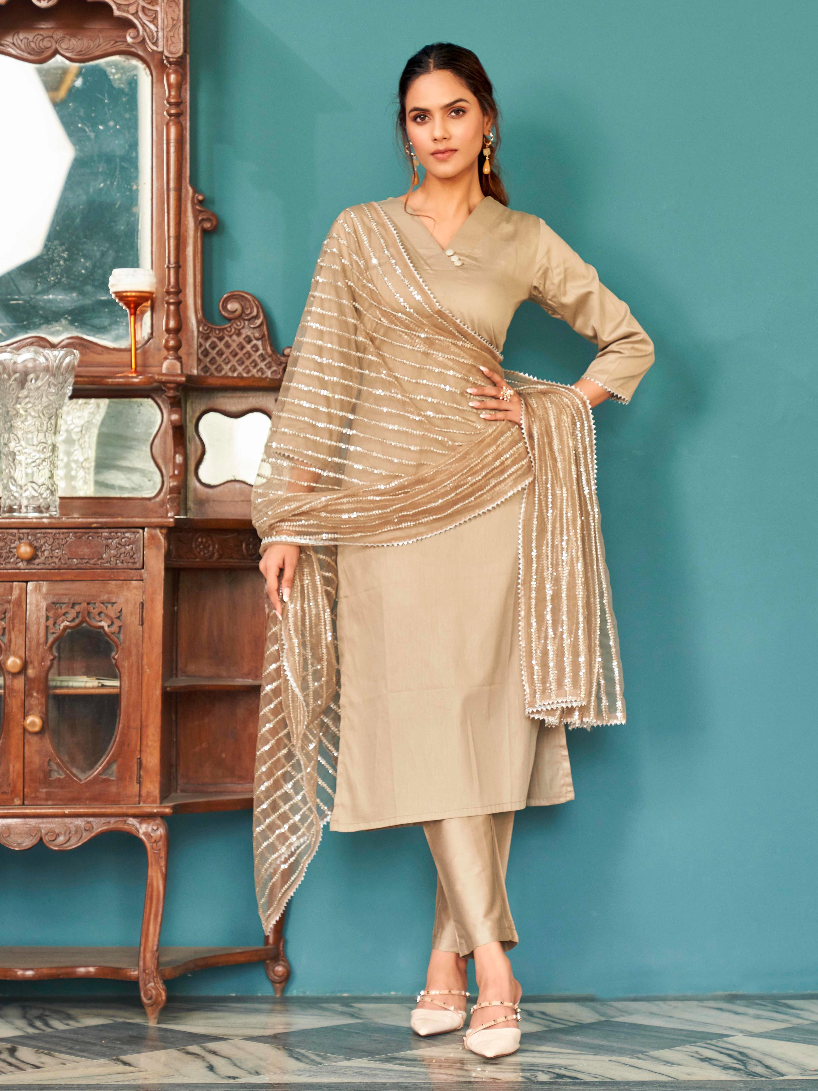 V-Neck Pure Cotton Straight Kurta & Trousers With Dupatta